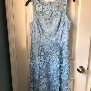 Beautiful ice blue special occasion sleeveless dress with floral appliqué